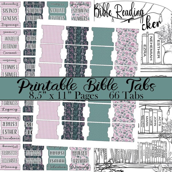 Collection of printable Bible tabs with various designs on a white background.