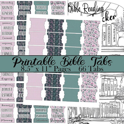 Collection of printable Bible tabs with various designs on a white background.