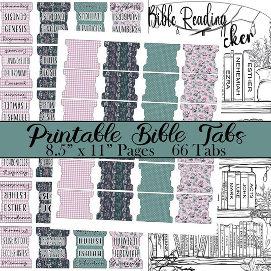 Collection of printable Bible tabs with various designs on a white background.